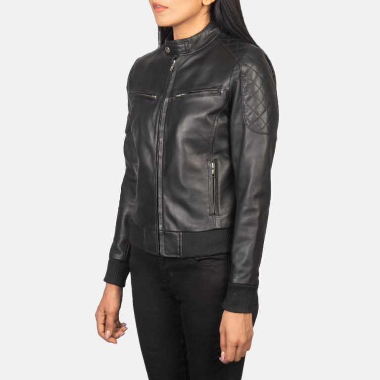 Womens Zenna Black Leather Bomber Jacket Side Pose-3-1652190967477
